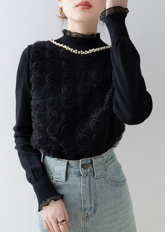 Black Floral Decorated Knit Shirt Top Stand Collar Spring