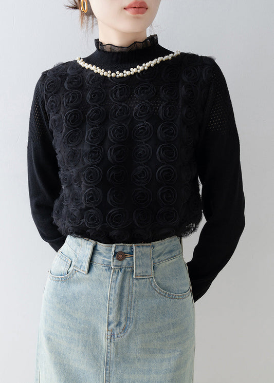 Black Floral Decorated Knit Shirt Top Stand Collar Spring