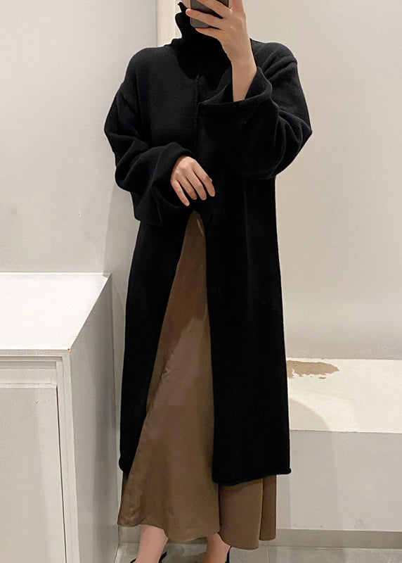 Schwarzer, vorne offener, einfarbiger Strickpullover mit Rollkragen, Winterkleid