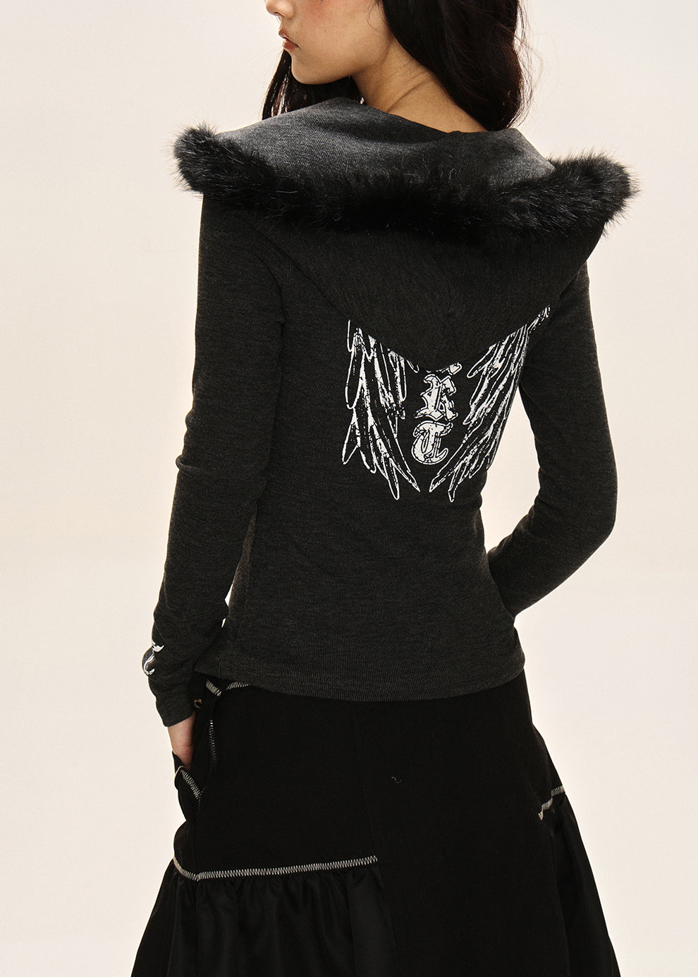 Black Fur Collar Patchwork Hooded Top Fall