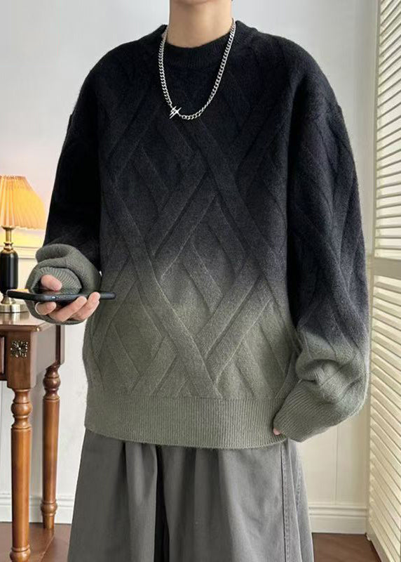 Black Gradient Color Cozy Knit Winter Mens Sweaters O Neck