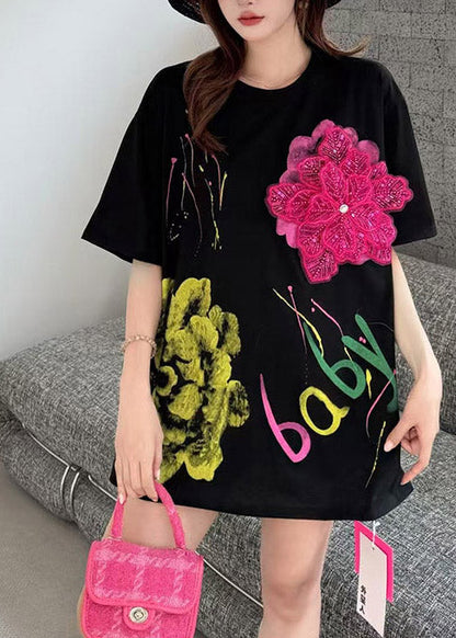 Black Graffiti Print Cotton Tanks Floral Decorated Summer