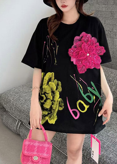 Black Graffiti Print Cotton Tanks Floral Decorated Summer