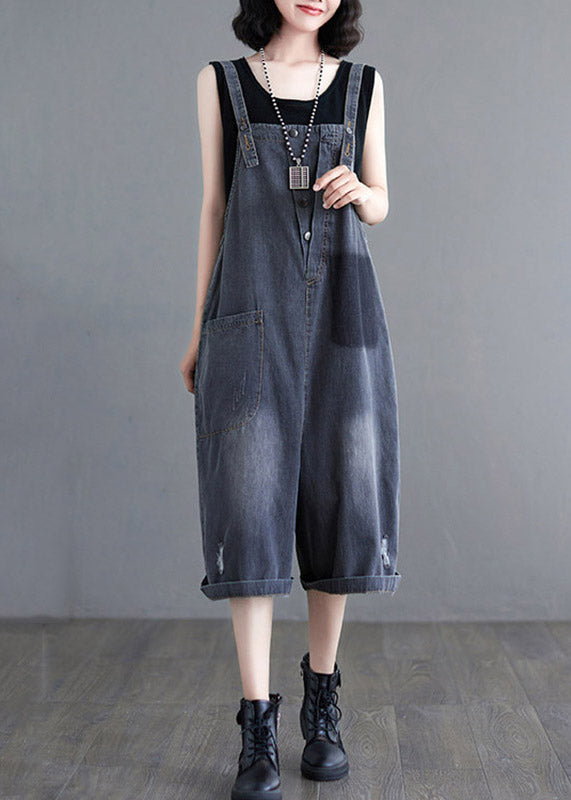 Black High Waist Denim Jumpsuit Sleeveless