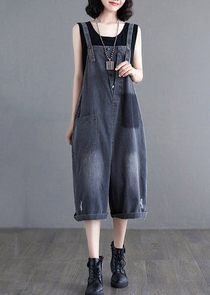 Black High Waist Denim Jumpsuit Sleeveless