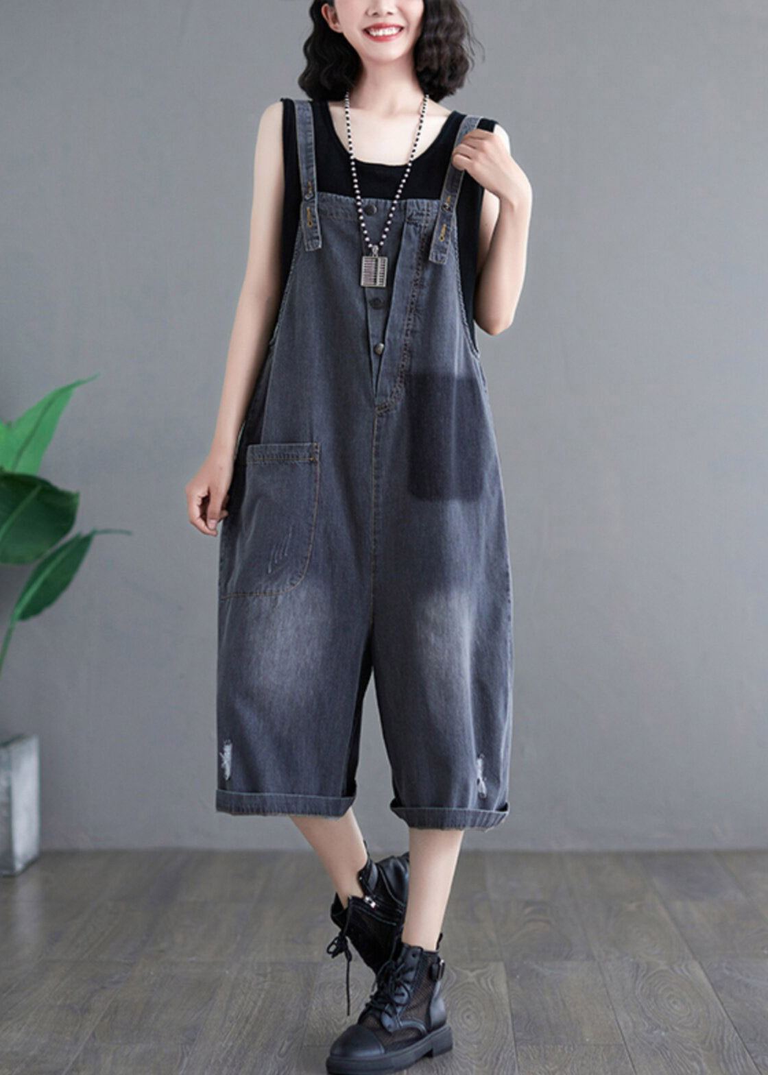 Black High Waist Denim Jumpsuit Sleeveless