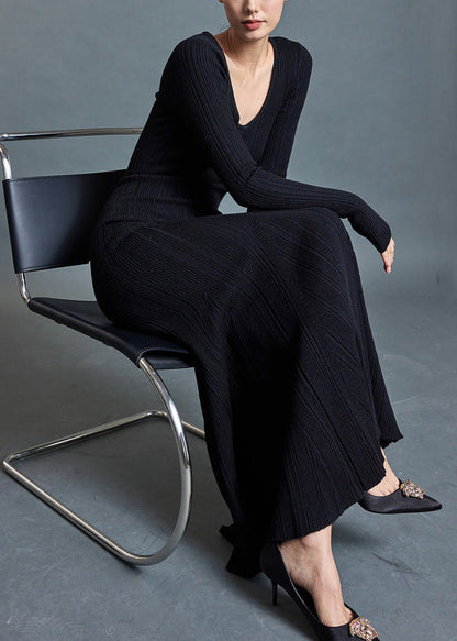 Black High Waist Knit Fall Fishtail Dresses V Neck