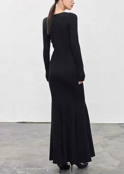 Black High Waist Knit Fall Fishtail Dresses V Neck