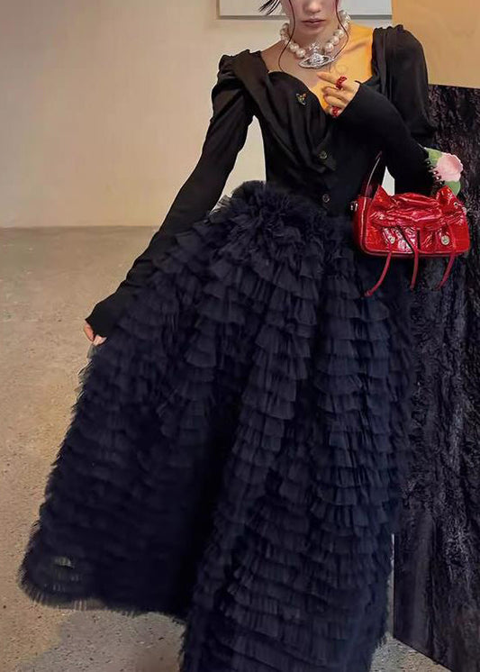 Schwarzer, hochtaillierter, einfarbiger Tüll-Maxirock mit Rüschen