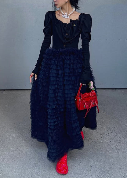 Schwarzer, hochtaillierter, einfarbiger Tüll-Maxirock mit Rüschen