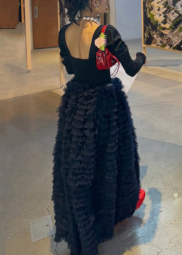 Schwarzer, hochtaillierter, einfarbiger Tüll-Maxirock mit Rüschen
