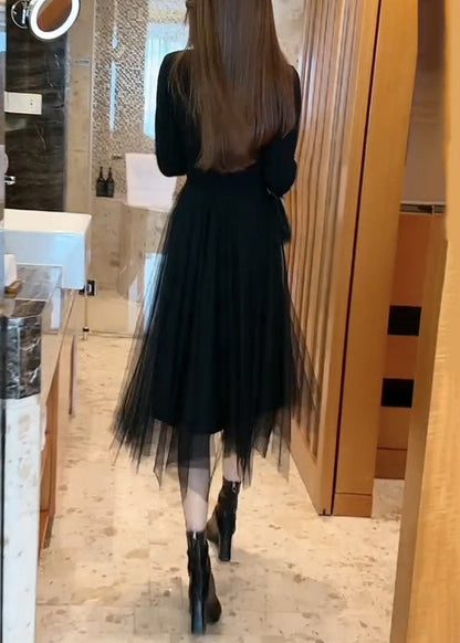 Suéter largo de punto con patchwork de tul y cintura alta, color negro, cuello redondo, para invierno