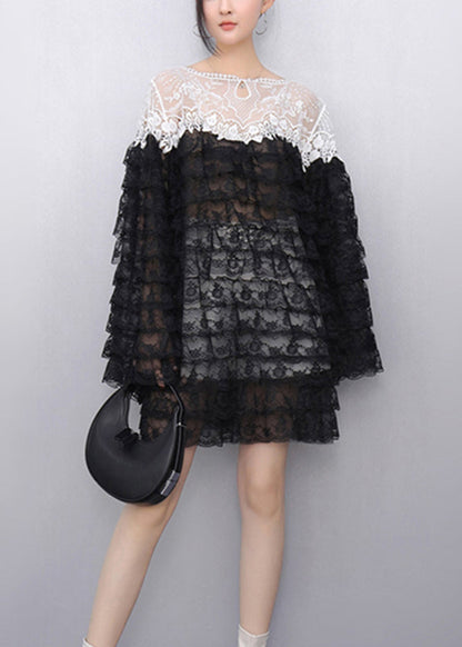 Black Hollow Out Knit Lace T Shirt Flare Sleeve