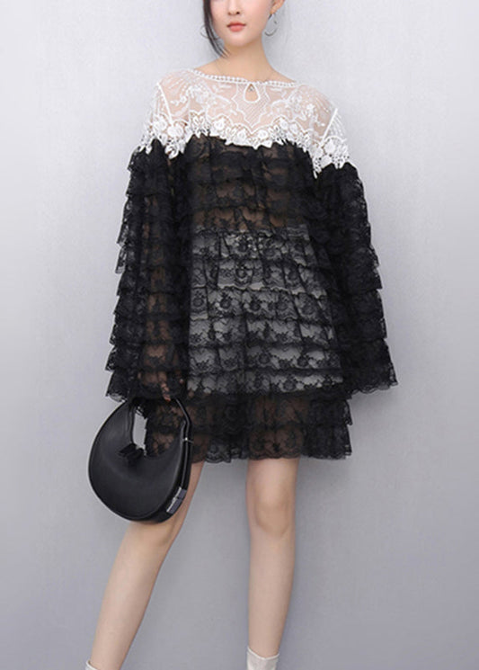 Black Hollow Out Knit Lace T Shirt Flare Sleeve