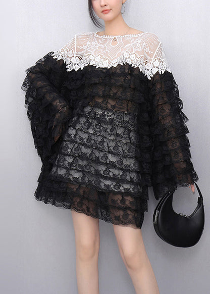 Black Hollow Out Knit Lace T Shirt Flare Sleeve