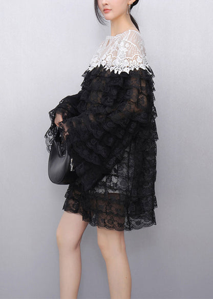 Black Hollow Out Knit Lace T Shirt Flare Sleeve