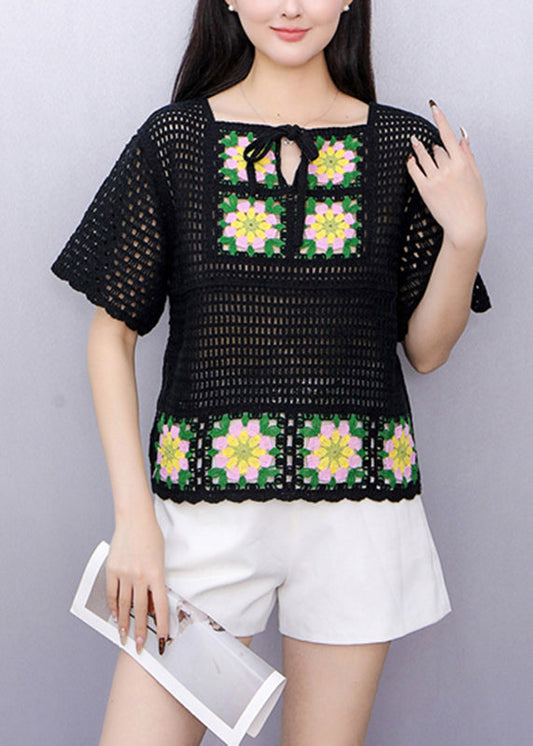 Black Hollow Out Knit T Shirts Short Sleeve