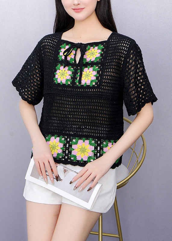 Black Hollow Out Knit T Shirts Short Sleeve