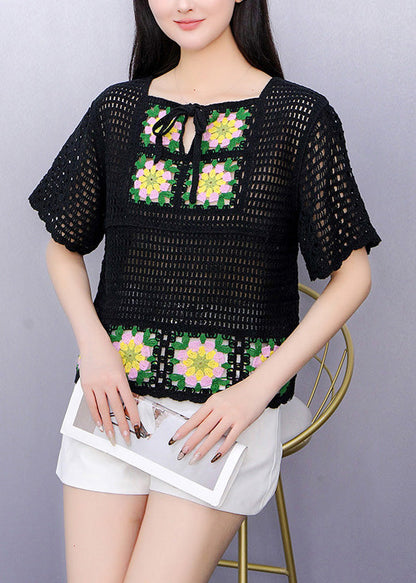 Black Hollow Out Knit T Shirts Short Sleeve