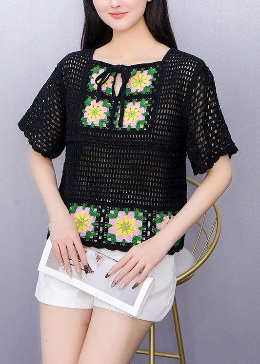 Black Hollow Out Knit T Shirts Short Sleeve