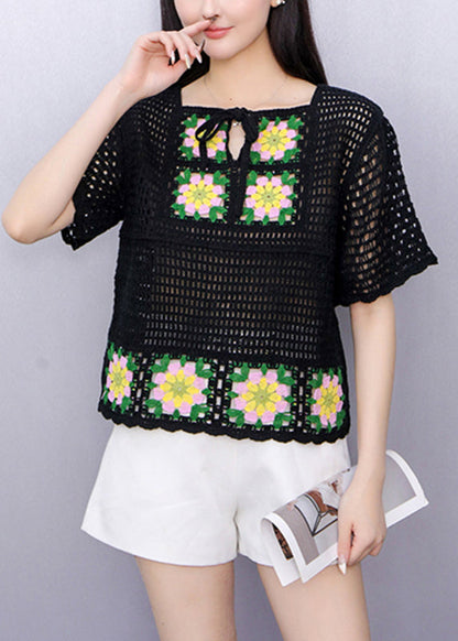 Black Hollow Out Knit T Shirts Short Sleeve