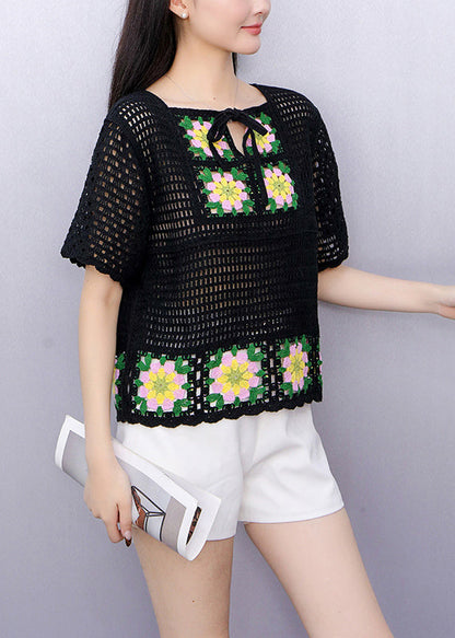 Black Hollow Out Knit T Shirts Short Sleeve