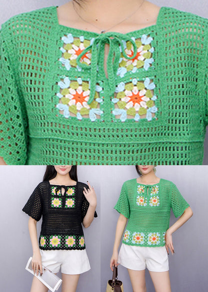 Black Hollow Out Knit T Shirts Short Sleeve