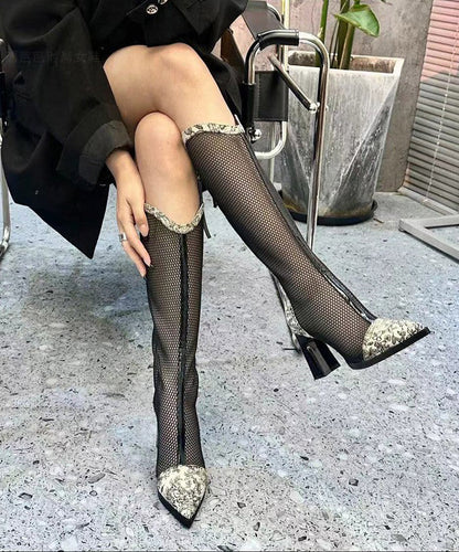 Black Hollow Out Mesh Tulle Splicing Chunky Heel Boots