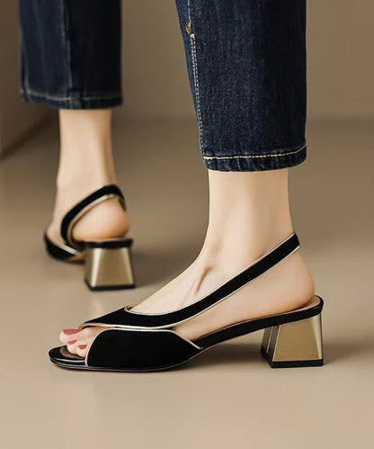 Black Hollow Out Sandals Chunky Suede Splicing Peep Toe