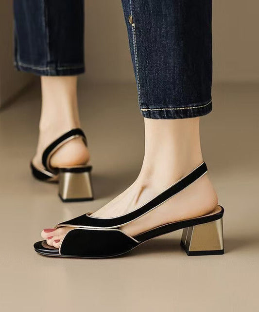 Black Hollow Out Sandals Chunky Suede Splicing Peep Toe