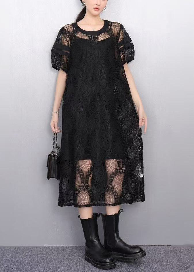 Black Hollow Out Tulle Long Dress Puff Sleeve