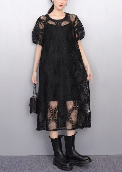 Black Hollow Out Tulle Long Dress Puff Sleeve