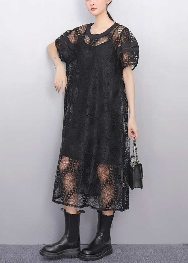 Black Hollow Out Tulle Long Dress Puff Sleeve