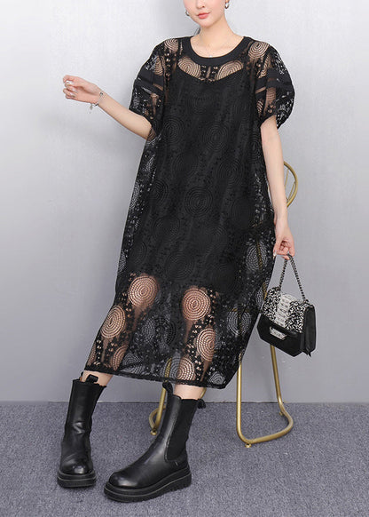 Black Hollow Out Tulle Long Dress Puff Sleeve