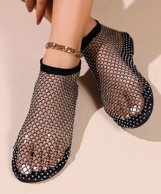 Schwarze aushöhlen Zirkon flache Sandalen atmungsaktives Mesh 2024 neu