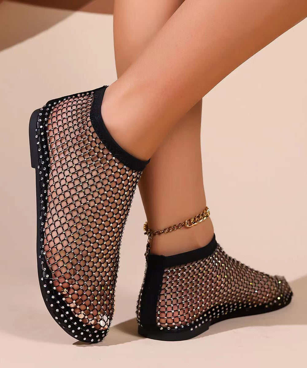 Schwarze aushöhlen Zirkon flache Sandalen atmungsaktives Mesh 2024 neu