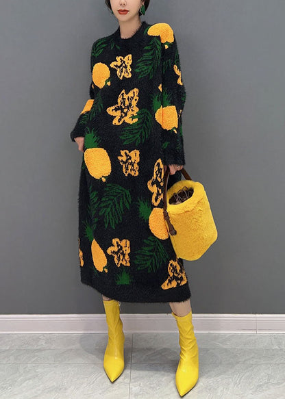 Schwarz Jacquard Nerz Haar Gestrickte Lange Kleid O-Ausschnitt Übergroßen Winter