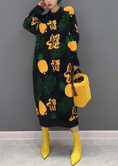 Schwarz Jacquard Nerz Haar Gestrickte Lange Kleid O-Ausschnitt Übergroßen Winter