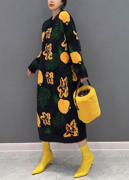 Schwarz Jacquard Nerz Haar Gestrickte Lange Kleid O-Ausschnitt Übergroßen Winter