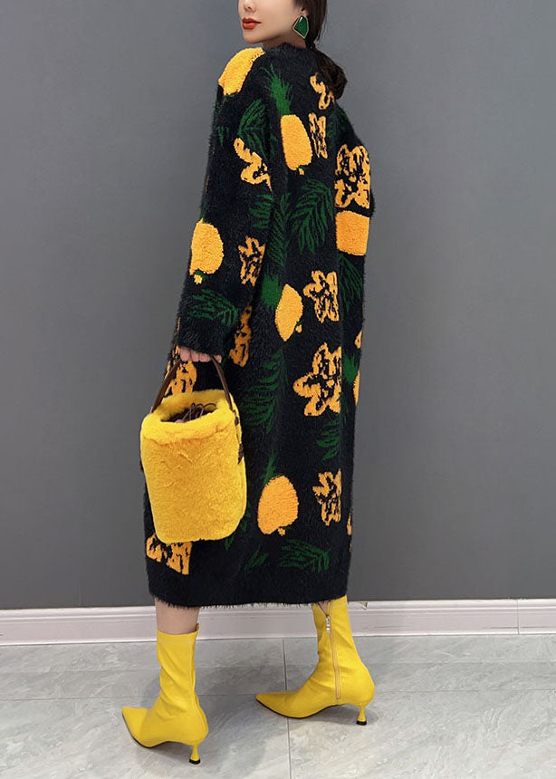 Schwarz Jacquard Nerz Haar Gestrickte Lange Kleid O-Ausschnitt Übergroßen Winter