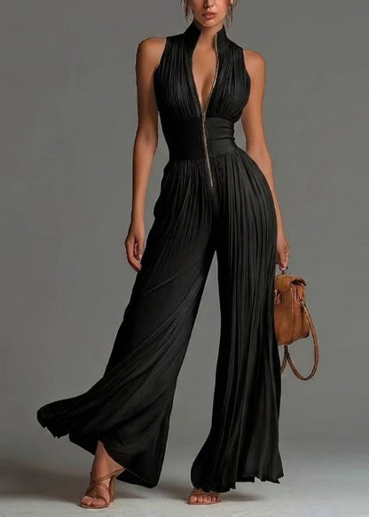 Black Jumpsuit Print Chiffon Wrinkled Zip Up Summer
