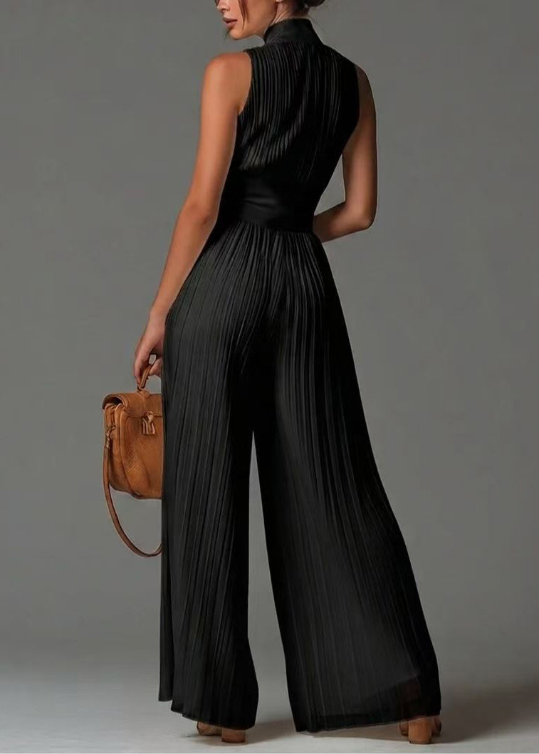 Black Jumpsuit Print Chiffon Wrinkled Zip Up Summer