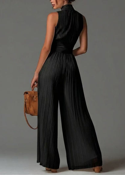 Black Jumpsuit Print Chiffon Wrinkled Zip Up Summer