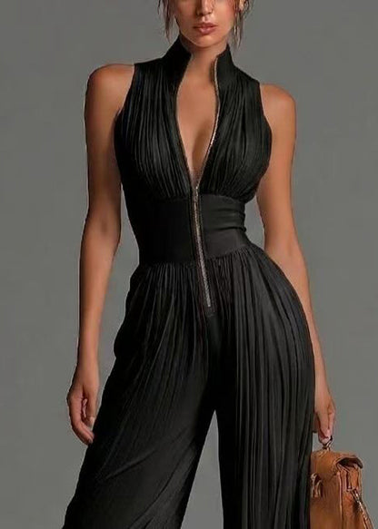Black Jumpsuit Print Chiffon Wrinkled Zip Up Summer