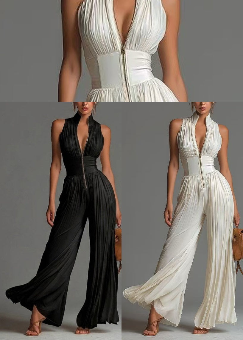Black Jumpsuit Print Chiffon Wrinkled Zip Up Summer