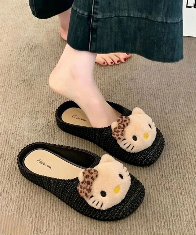 Black Knit Fabric Boutique Decorated Splicing Slide Sandals