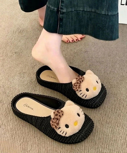 Black Knit Fabric Boutique Decorated Splicing Slide Sandals