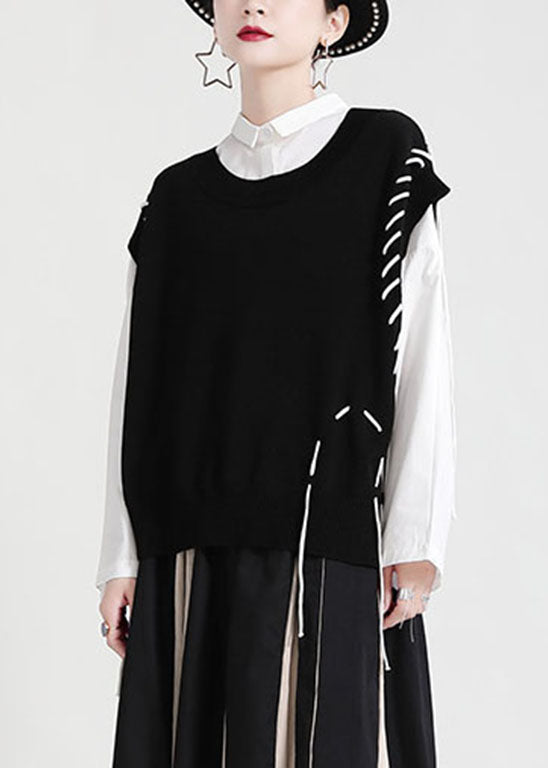 Schwarze Strickweste O-Ausschnitt Kordelzug Asymmetrisch Frühling