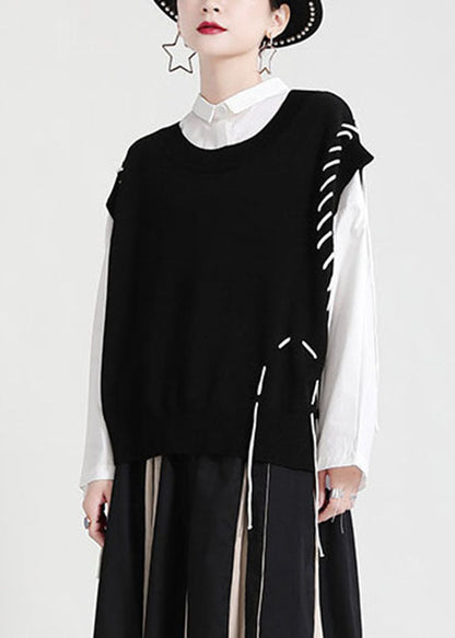 Schwarze Strickweste O-Ausschnitt Kordelzug Asymmetrisch Frühling