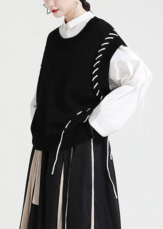 Schwarze Strickweste O-Ausschnitt Kordelzug Asymmetrisch Frühling